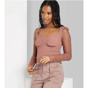 Women's Long Sleeve Lace Bustier Top Brown XXS Cropped Milkmaid Blouse